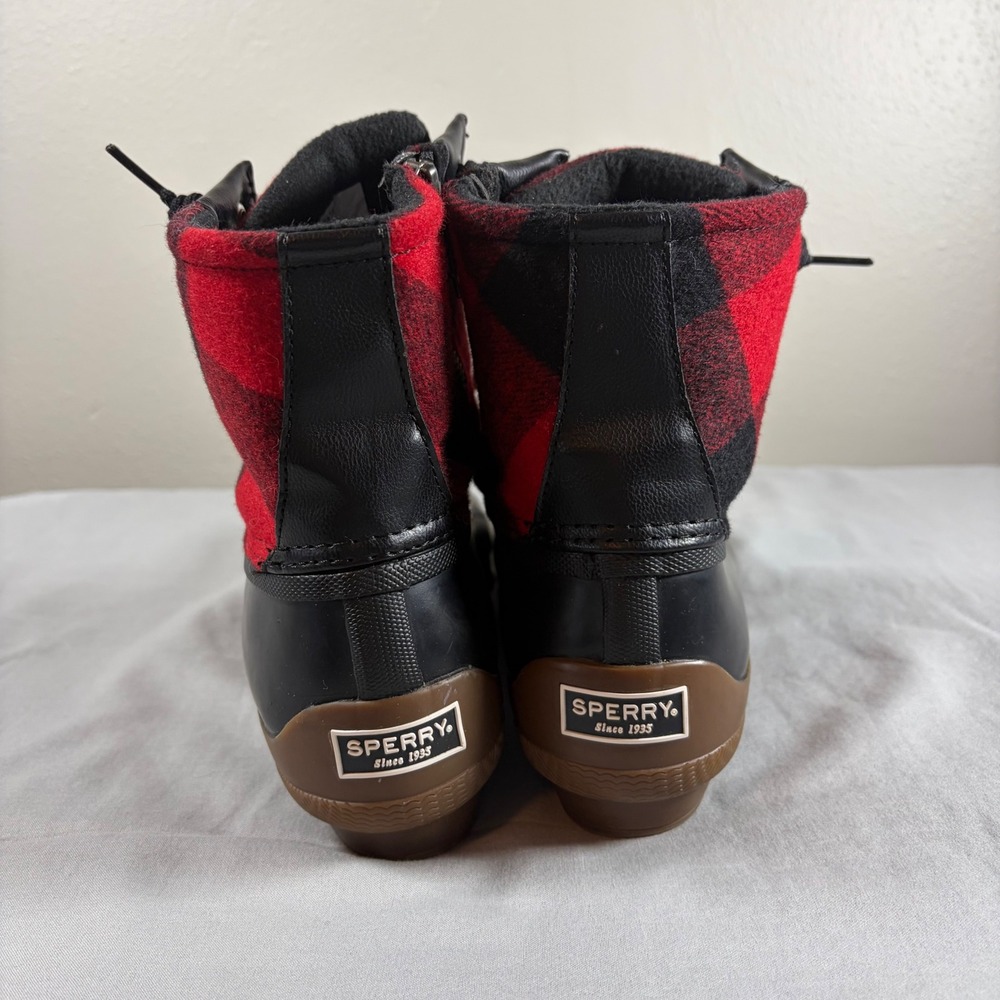Sperry Saltwater Buffalo Plaid Duck Boots Red Black Wool Waterproof STS85076 8M - Picture 3 of 7